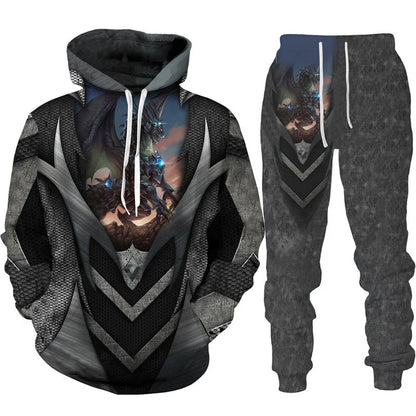 Dres z nadrukiem 3D Retro Dragon Tattoo dla mężczyzn i kobiet, casualowy zestaw z bluzą z kapturem + spodnie, 2 części, oversize, modna odzież męska