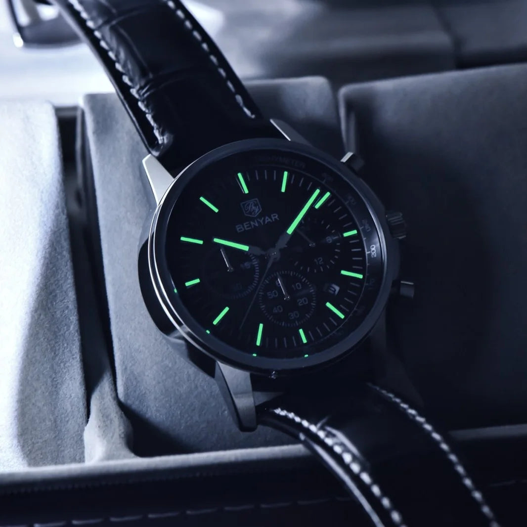 Reloj de lujo para hombre Benyar: cronógrafo con fecha, correa de piel, resistente al agua, luminiscente, estilo deportivo y militar, reloj de cuarzo