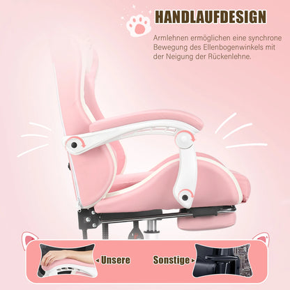 Gaming Chair with Cat Ears, Computer Armchair with Footrest and Lumbar Support, Height Adjustable Game Chair, 360°-Swivel Seat