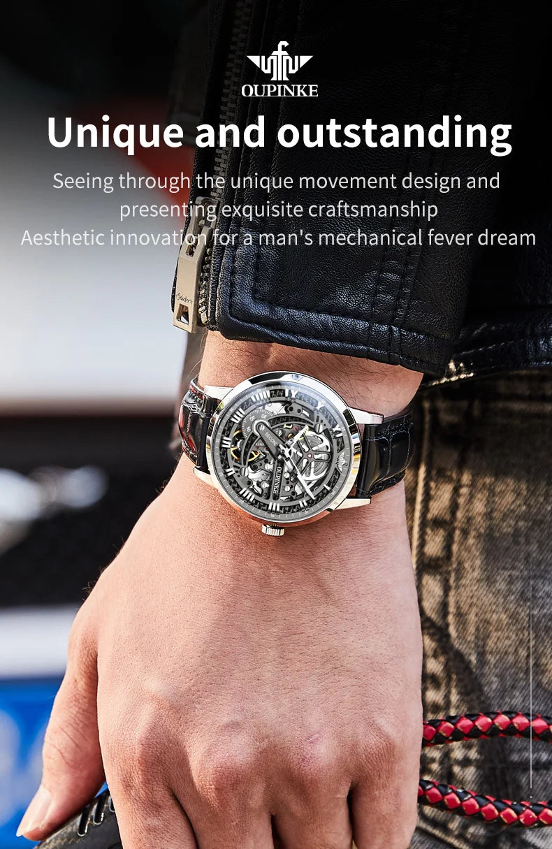 OUPINKE 3173 Skeleton Automatic Mechanical Watch Luxury Brand 50M Waterproof Watch Leather Strap Mens Watch Box Gifts Reloj