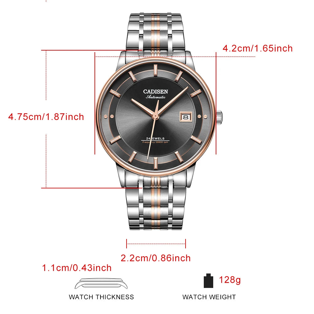 CADISEN Automatic Mechanical Ultra-thin Wristwatch MIYOTA 9015 Top Brand Luxury Curved Single-dome Sapphire Crystal Watch Man