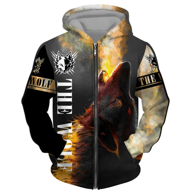 3D Wolf Print Men Zipper Hoodies Fashion Animal Pattern Top Coat Street Punk Style Oversized Sweatshirts Outdoor Leisure Jackets