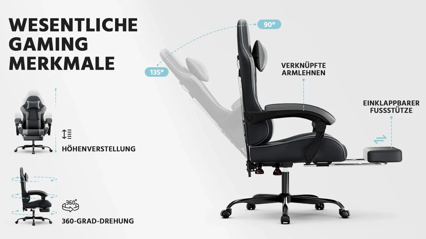 Comanlai Gaming Chair with Footrest Ergonomic High Back Computer Chair with Adjustable Headrest Lumbar Support PU Swivel Chair