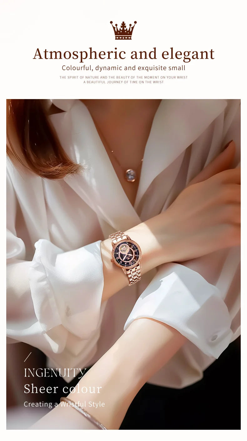 OLEVS Brand Fashion Women Mechanical Watches Starry Sky Dial Diamond Automatic Wristwatch Ladies Waterproof Luminous Clock Women