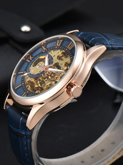 Reloj automático para hombre, estilo de lujo, esfera con números romanos, mecanismo a la vista (esqueleto), resistente al agua, agujas luminiscentes, correa de piel: una opción ideal para regalar.