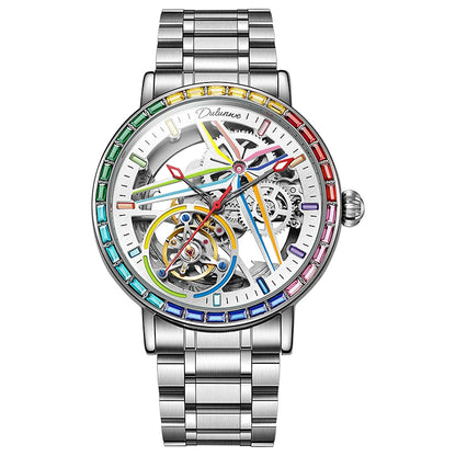 Reloj esqueleto para hombre, de estilo moderno, adornado con piedras preciosas de los colores del arcoíris y dotado de un tourbillon; reloj mecánico automático de lujo, hermético hasta 30 metros.