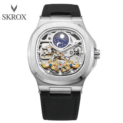 2025High-end Luxury SKROX Square Man Watch Sapphire Tourbillon Steel Skeleton Moon Phase Automatic Movement Leather Male Watches
