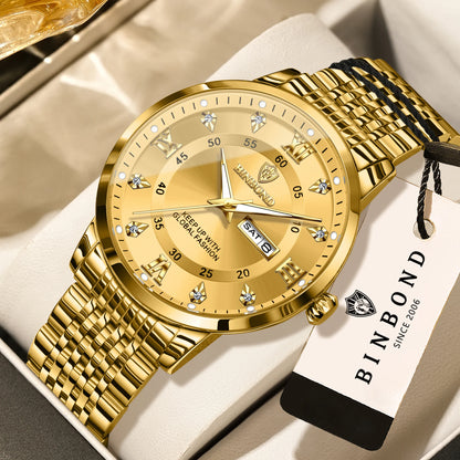 Reloj de pulsera de cuarzo de lujo BINBOND para hombre: resistente al agua, luminiscente y con indicador del día de la semana; estilo ejecutivo, deportivo, de moda y desenfadado