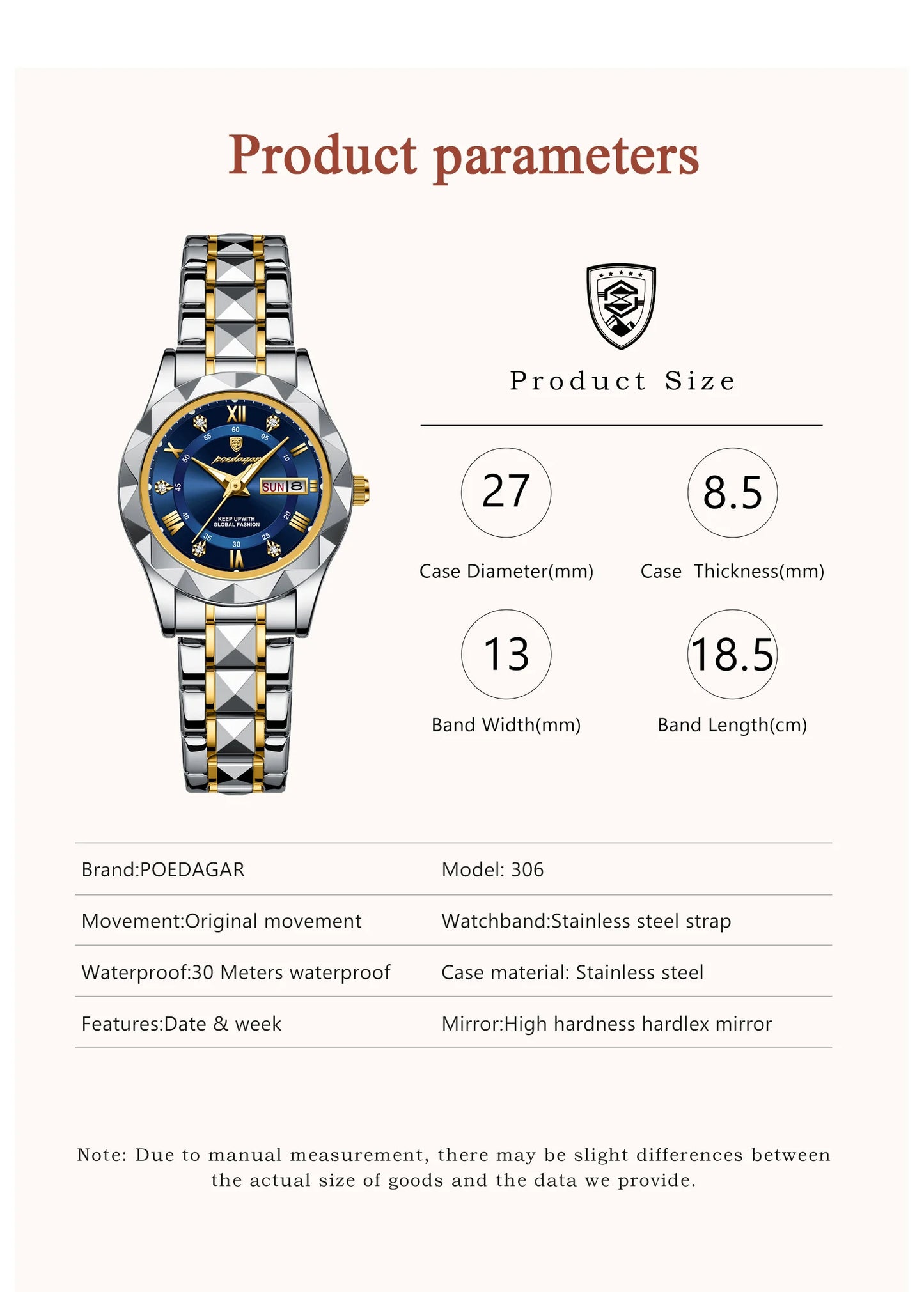 POEDAGAR Top Luxury Watches For Women Stainless Steel Week Date Woman Wristwatch Luminous Waterproof Fashion Quartz Ladies Watch