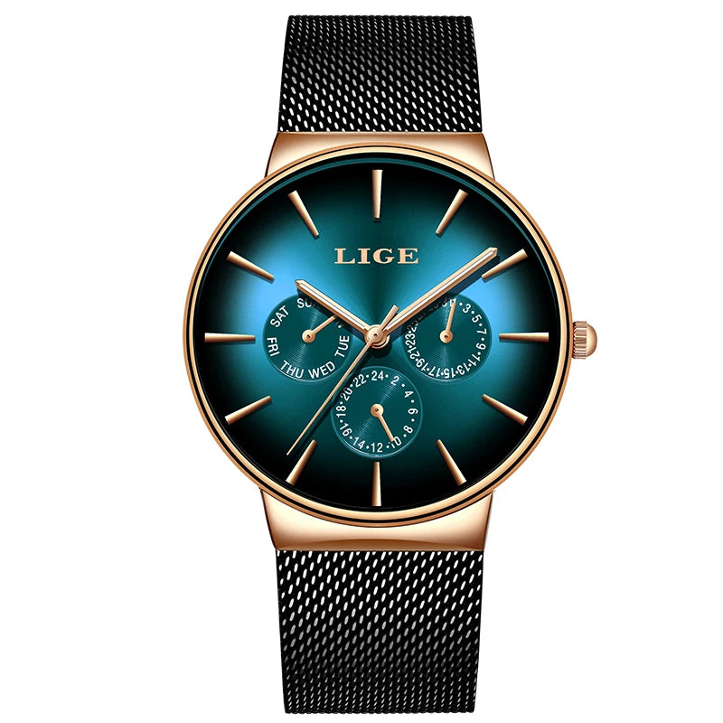 Reloj de mujer LIGE, elegante y a la última: estilo deportivo e informal, correa de malla, mecanismo de cuarzo, indicador de fecha y día, resistente al agua.