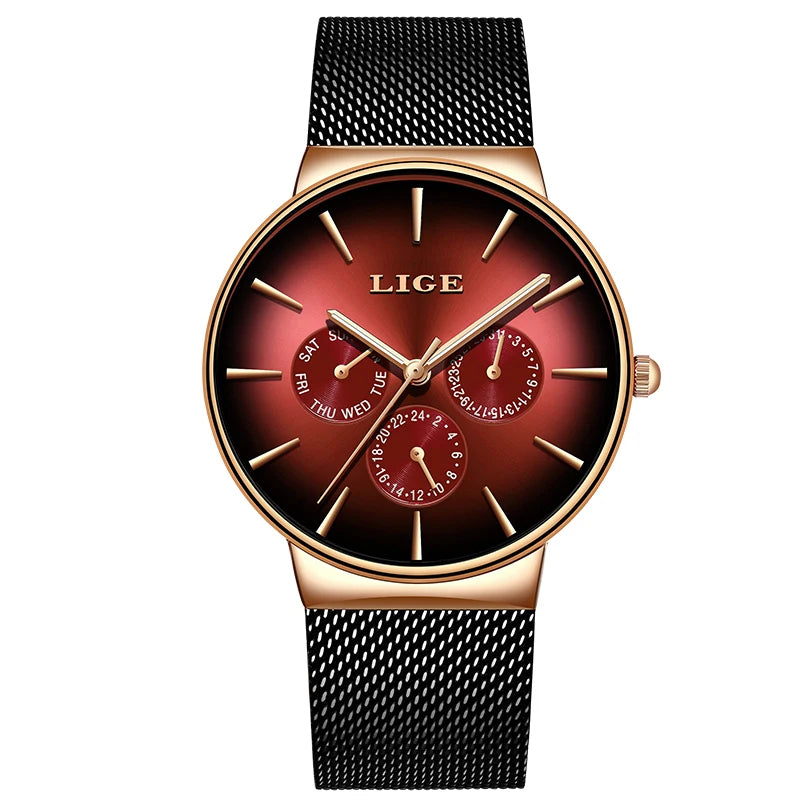 Reloj de mujer LIGE, elegante y a la última: estilo deportivo e informal, correa de malla, mecanismo de cuarzo, indicador de fecha y día, resistente al agua.