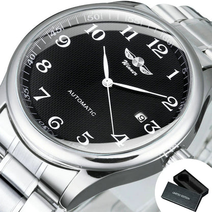 Reloj clásico para hombre: estilo retro con calendario y agujas azules, movimiento mecánico automático, marca de prestigio, caja de acero y correa de piel