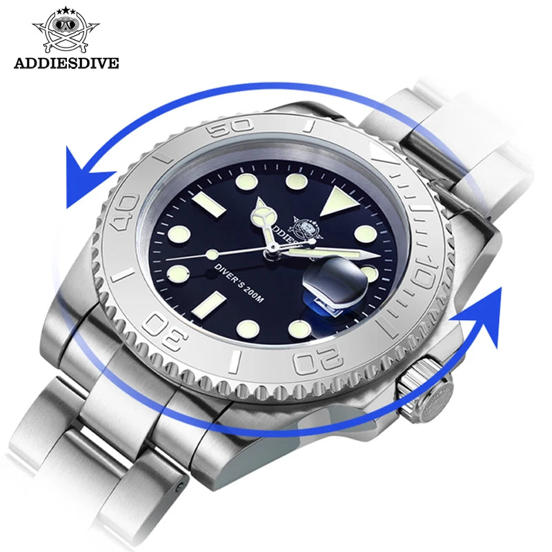 ADDIESDIVE Men's Quartz Watch 200m Waterproof Ceramic Bezel Steel Watch Magnifying Mirror Glass BGW9 Blue Luminous Diving Watch