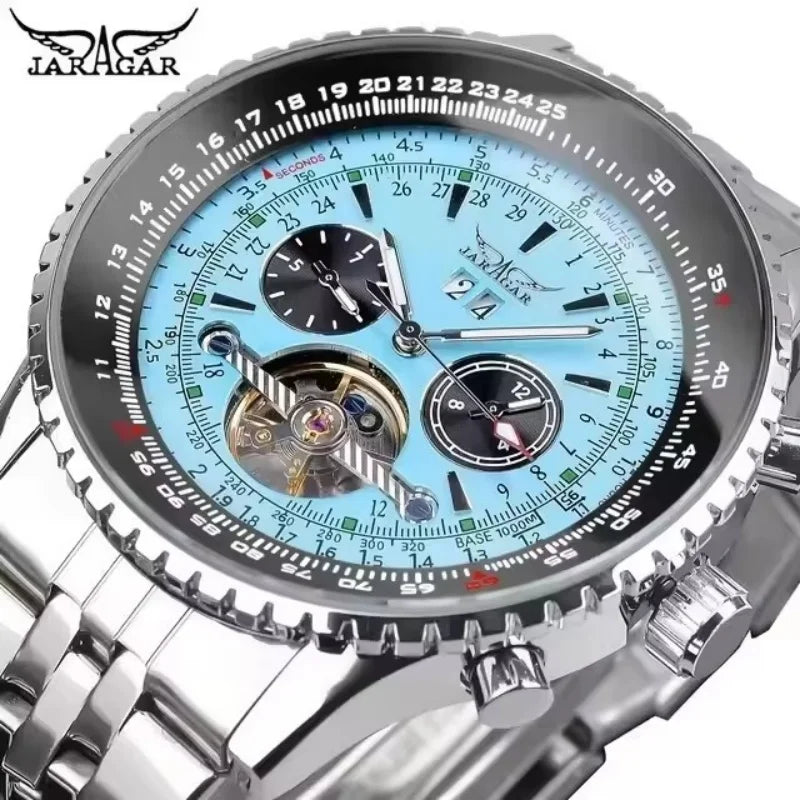 Montre mécanique automatique rétro de luxe JARAGAR 034, tourbillon, squelette creux, acier inoxydable, calendrier de la semaine, montre pour homme