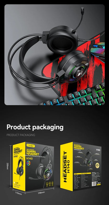 Casque de jeu T-Wolf H140, filaire, éclairage LED RVB, son surround 7.1, casque supra-auriculaire avec micro pour PC, ordinateur portable, joueurs sur ordinateur de bureau