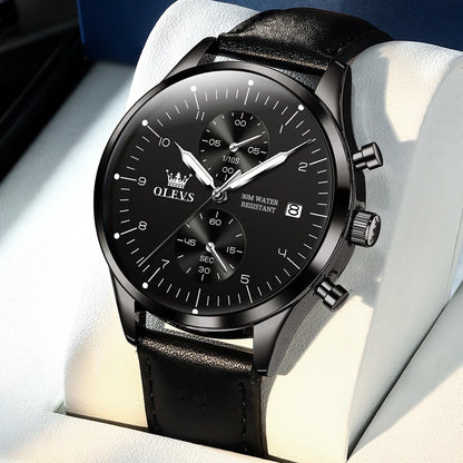 Montre pour homme OLEVS 2880 – Chronographe élégant et épuré, bracelet en cuir, affichage automatique de la date, étanche, aiguilles luminescentes, mouvement à quartz.