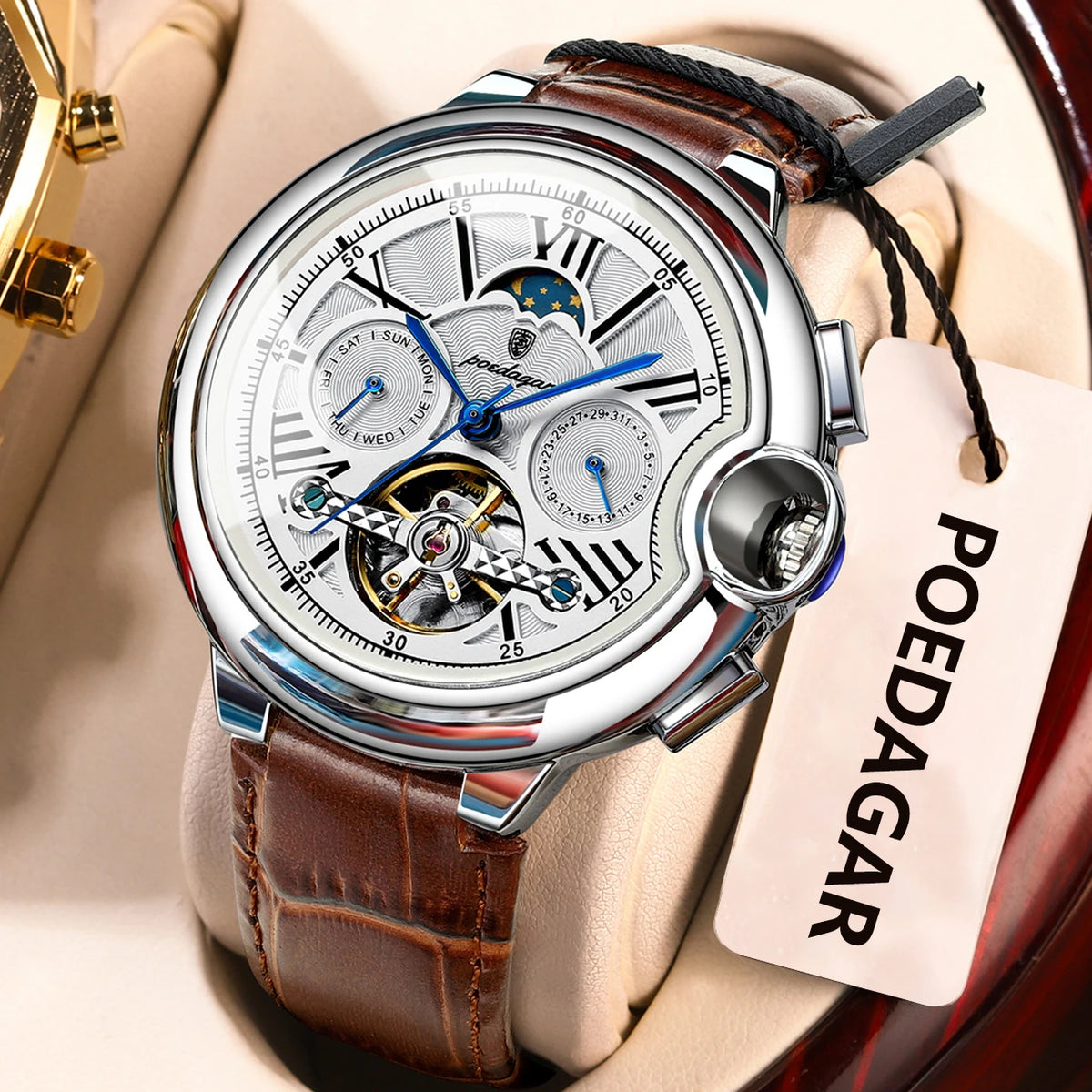 Reloj para hombre POEDAGAR, de estilo lujoso y profesional, con indicador de fecha y día, tourbillon, caja de acero inoxidable, movimiento mecánico automático y resistencia al agua.