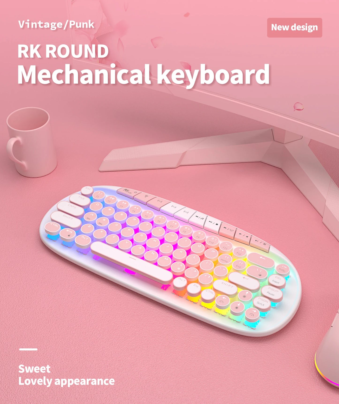 RK ROYAL KLUDGE ROUND Retro Punk Mechanical Keyboard 2.4G Wireless Bluetooth USB 68 Keys RGB Hot Swap Typewriter Gamer Keyboard