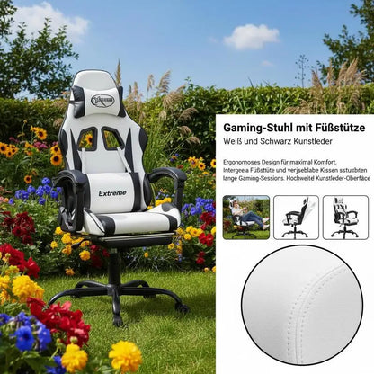 Gaming Chair with Footrest White and Black 57.5X59.5X121-131 Cm, Reclining, Swivel 360 ° Metal Structure, Load Capacity 110 kg