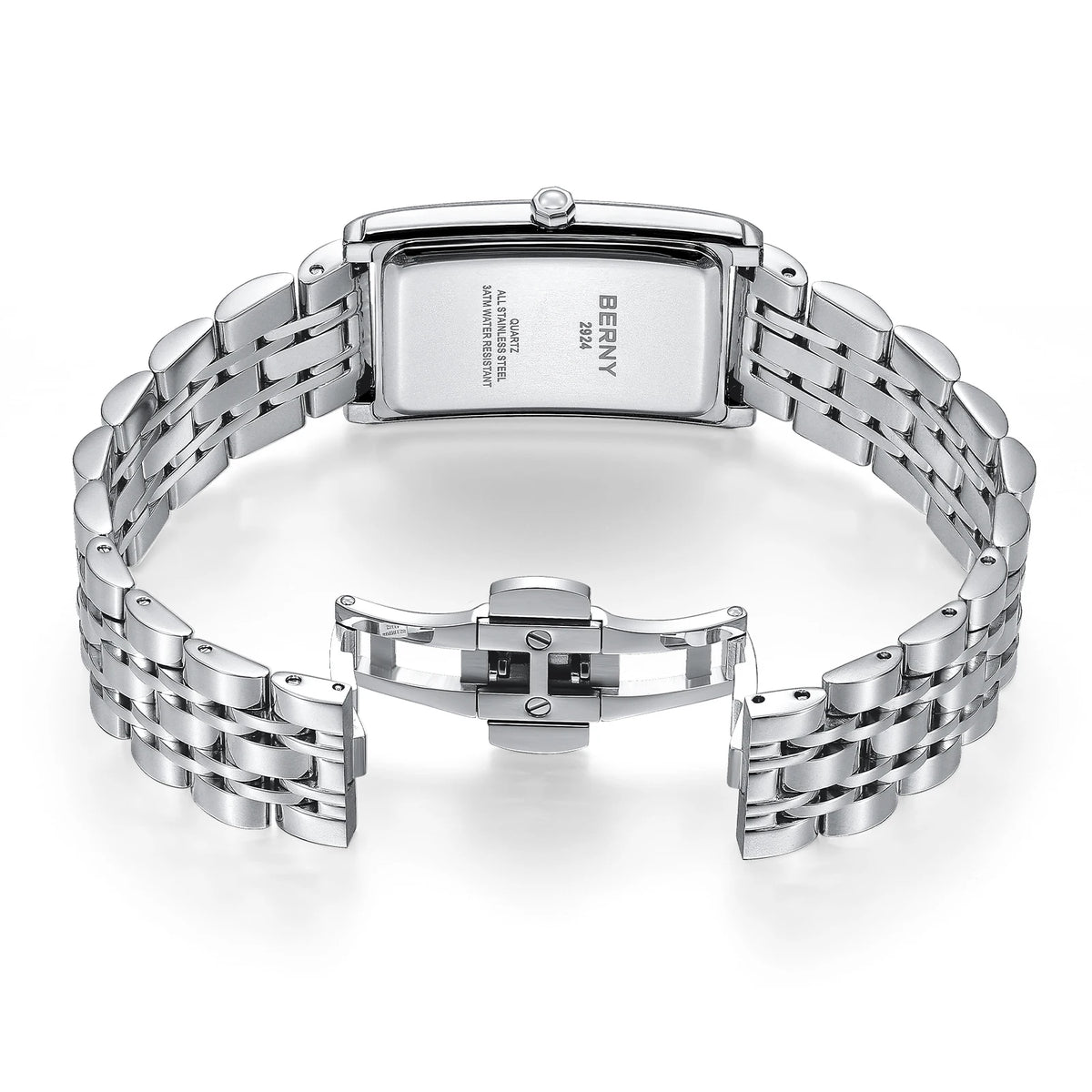 Reloj cuadrado para hombre BERNY – Movimiento de cuarzo, esfera con números romanos, indicación luminiscente, caja de acero inoxidable 316L – Reloj rectangular elegante y desenfadado