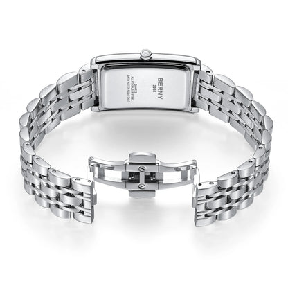 Reloj cuadrado para hombre BERNY – Movimiento de cuarzo, esfera con números romanos, indicación luminiscente, caja de acero inoxidable 316L – Reloj rectangular elegante y desenfadado