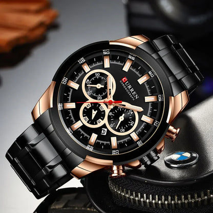 Pánské chronografové hodinky CURREN, velký ciferník o průměru 48 mm, náramek z nerezové oceli, tři pomocné ciferníky, sportovní náramkové hodinky s quartzovým strojkem, luxusní styl
