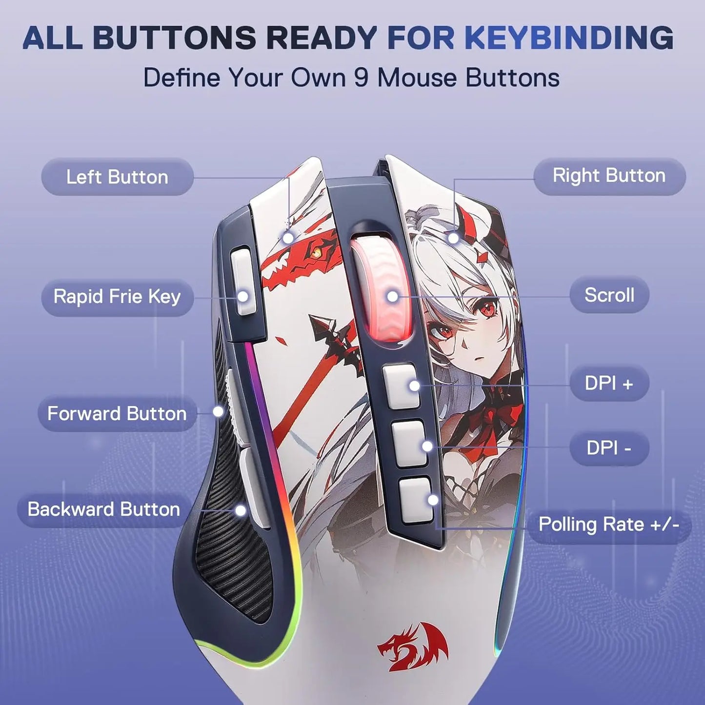 Redragon M612AK PRO RGB Gaming Mouse 8000 DPI Wired/Wireless Optical Mouse 9 Programmable Buttons 7 Backlit Modes