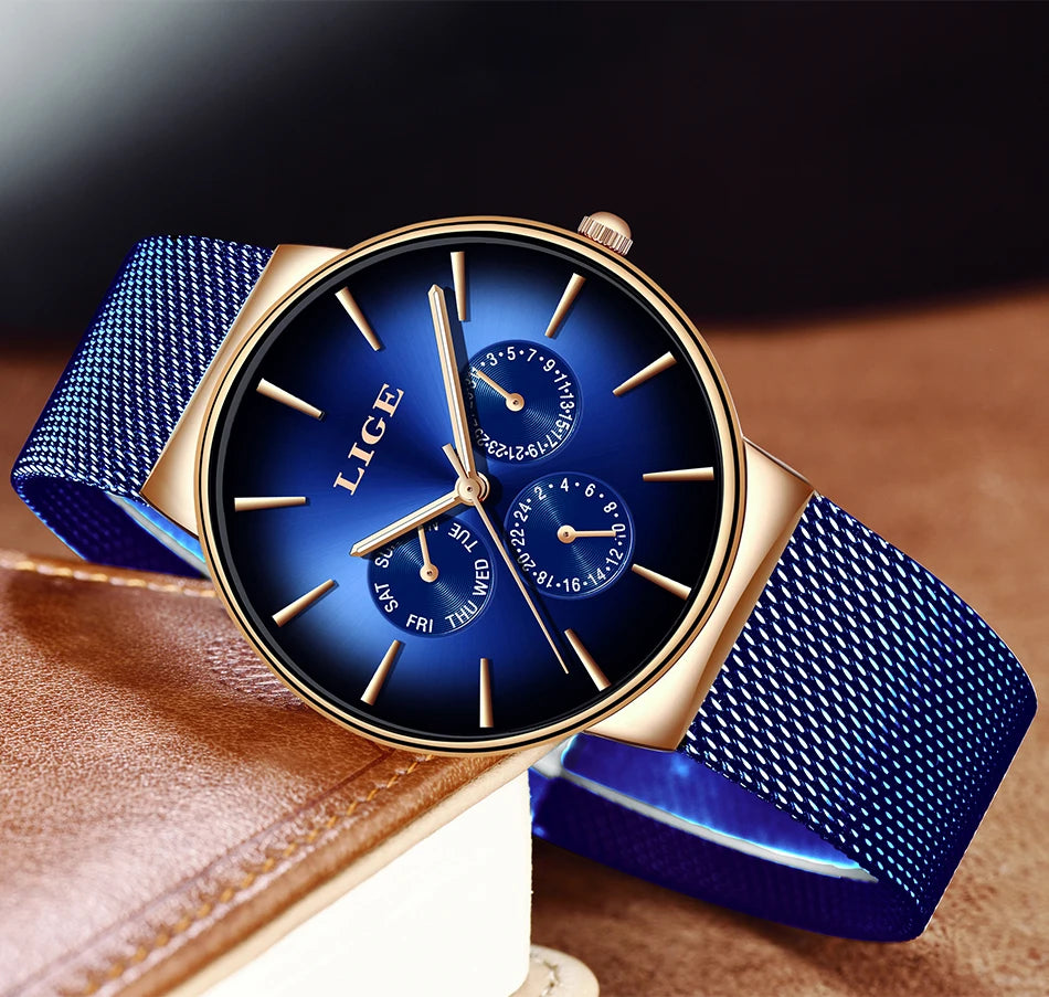 Reloj de mujer LIGE, elegante y a la última: estilo deportivo e informal, correa de malla, mecanismo de cuarzo, indicador de fecha y día, resistente al agua.