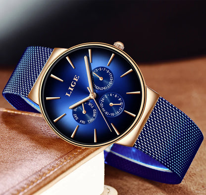 Reloj de mujer LIGE, elegante y a la última: estilo deportivo e informal, correa de malla, mecanismo de cuarzo, indicador de fecha y día, resistente al agua.