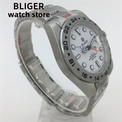 BLIGER 40mm/43mm Japan NH34 GMT Men's mechanical watch green luminous white dial sapphire glass stainless steel strap