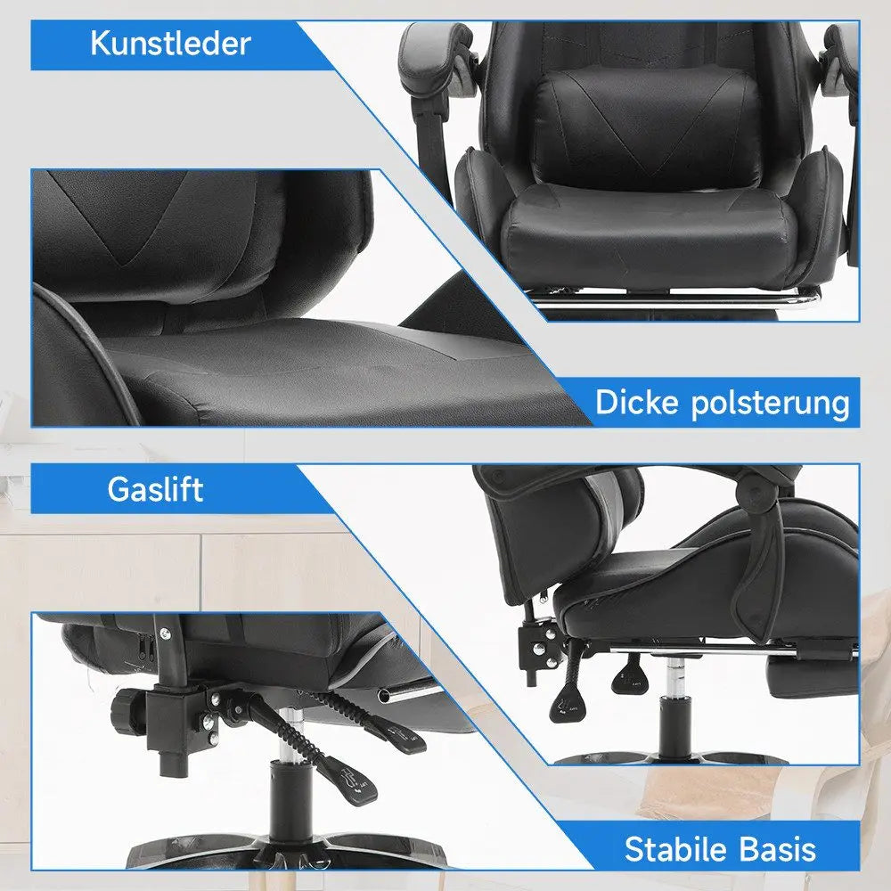 Ergonomic gaming chair, office chair, height adjustable,PU leather computer chair, with headrest and lumbar support, 360° swivel