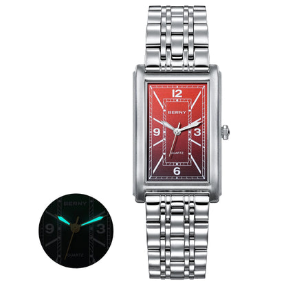 Reloj cuadrado para hombre BERNY – Movimiento de cuarzo, esfera con números romanos, indicación luminiscente, caja de acero inoxidable 316L – Reloj rectangular elegante y desenfadado