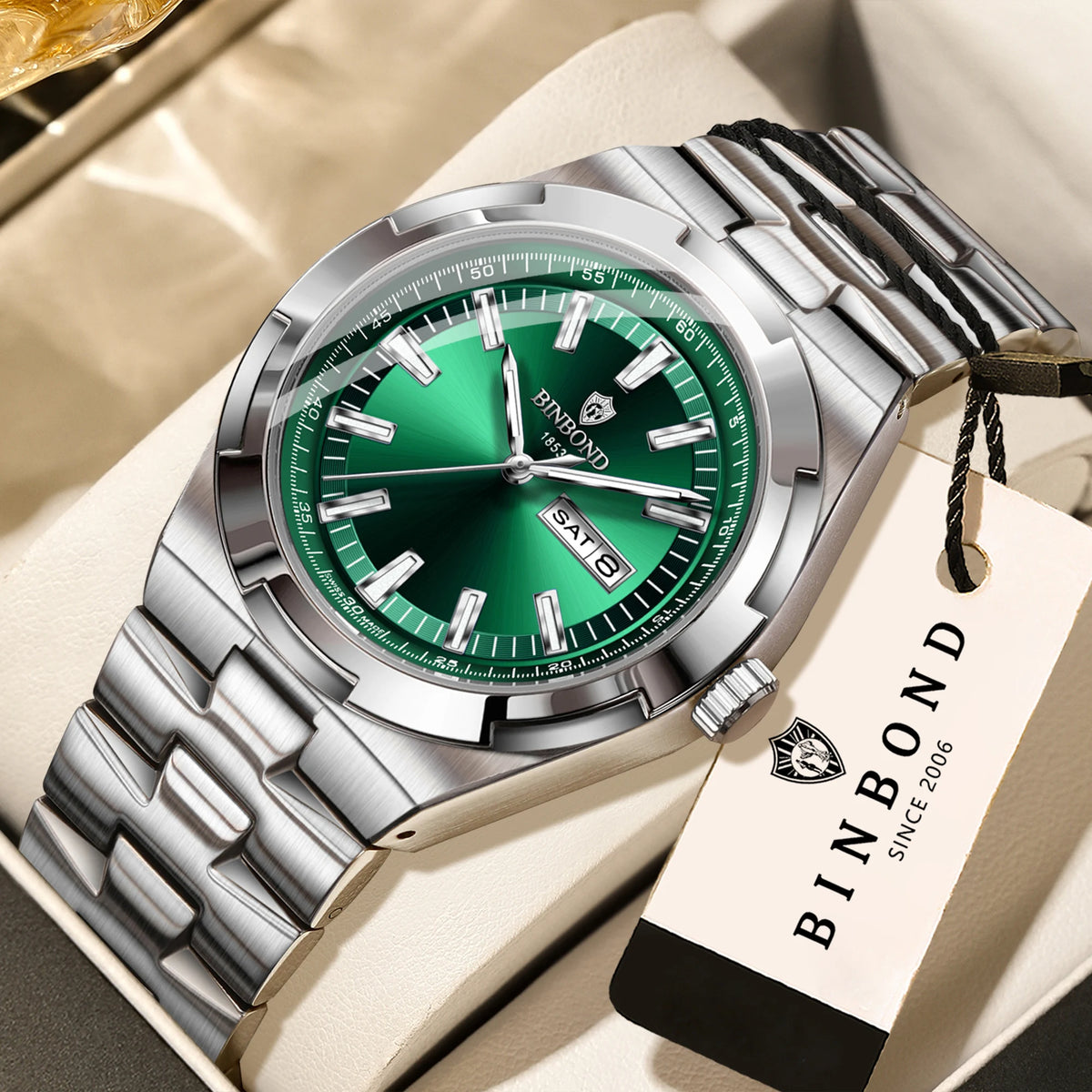 Relojes de cuarzo BINBOND de acero inoxidable para hombre – Reloj de lujo, resistente al agua y luminiscente – Modelo original para hombre