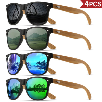 4PCS Bamboo Texture Square Sunglasses UV400, Fashion Unisex Classic - Lightweight for Casual Wear & Holidays