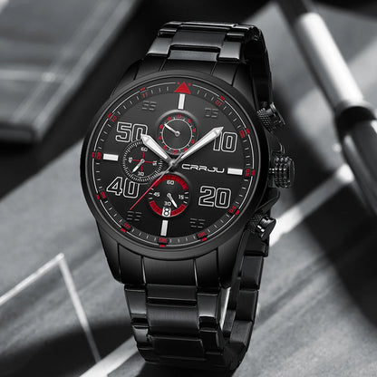 Montre pour homme CRRJU – Chronographe de luxe, grand cadran, acier inoxydable, étanche, avec affichage de la date