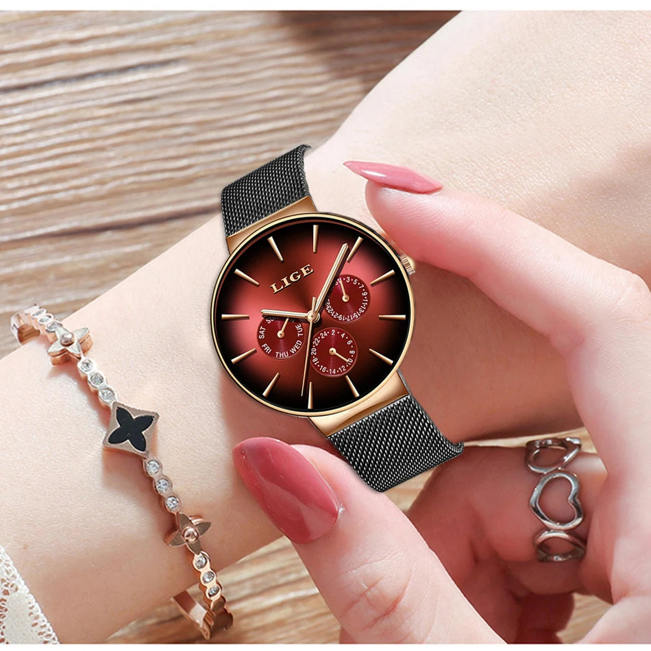 Reloj de mujer LIGE, elegante y a la última: estilo deportivo e informal, correa de malla, mecanismo de cuarzo, indicador de fecha y día, resistente al agua.