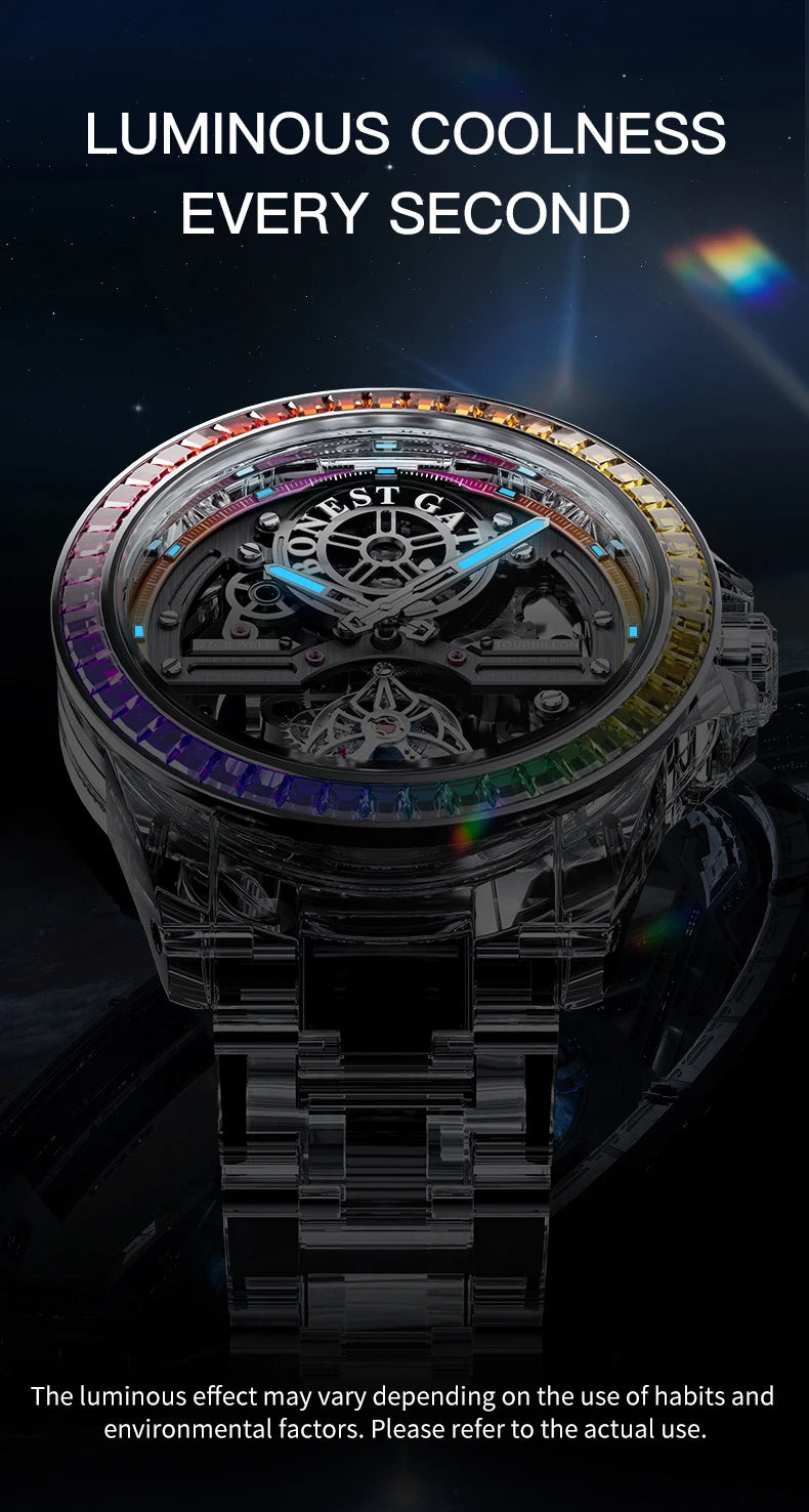 BONEST GATTI luxury Full Skeleton Automatic Mechanical Watch Sapphire Back 48 Rainbow Diamonds Luminous Luxury Wristwatch Men