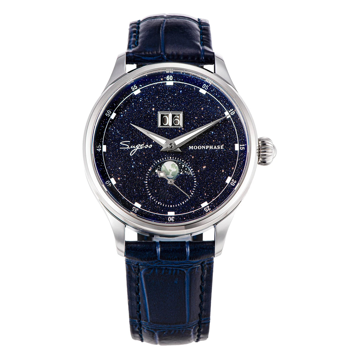 Sugess Mens Watch Limited Edition Moonphase 316L Stainless Steel Case Tianjin ST2528 Movement Luxury Gemstone Stars Dial Gift V3