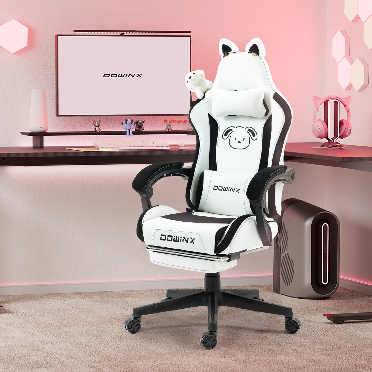Cute Gaming Chair with Cat Ears Footrest Pink Kawaii Computer Chair Ergonomic High Back Gamer Seat with Cat Paw Lumbar Support