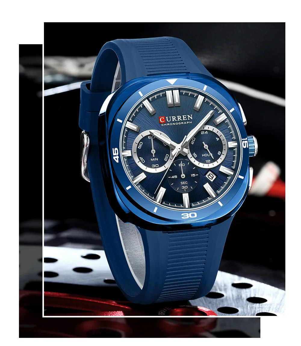 Reloj para hombre CURREN: nuevo modelo de lujo con mecanismo de cuarzo, correa de silicona, estilo deportivo, multifunción, resistente al agua, luminiscente, con indicador de fecha y cronómetro.