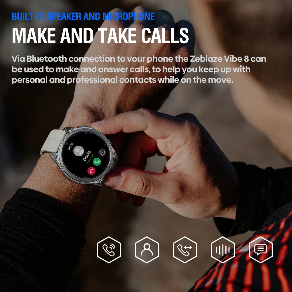 New Zeblaze VIBE 8 AMOLED Display Built-in Flashlight Smartwatch Sapphire Lens Make/Receive Calls HR/BP Monitoring Smart Watch