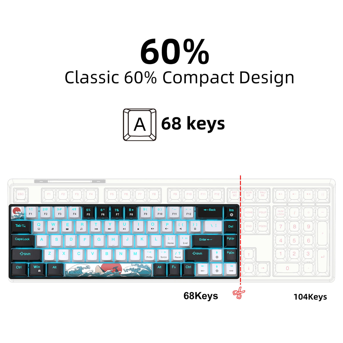 Mechanical Gaming Keyboard 68 Keys, Blue Switches & Multi-colored, Detachable Type-C Mini Gaming Keyboard