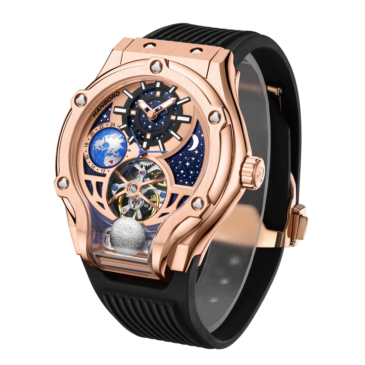 HANBORO Rose Gold Starry Sky Hollow Flywheel Moon Phase Automatic Mechanical Watch Luxury Space Theme Sports Watch 980