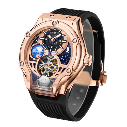 HANBORO Rose Gold Starry Sky Hollow Flywheel Moon Phase Automatic Mechanical Watch Luxury Space Theme Sports Watch 980