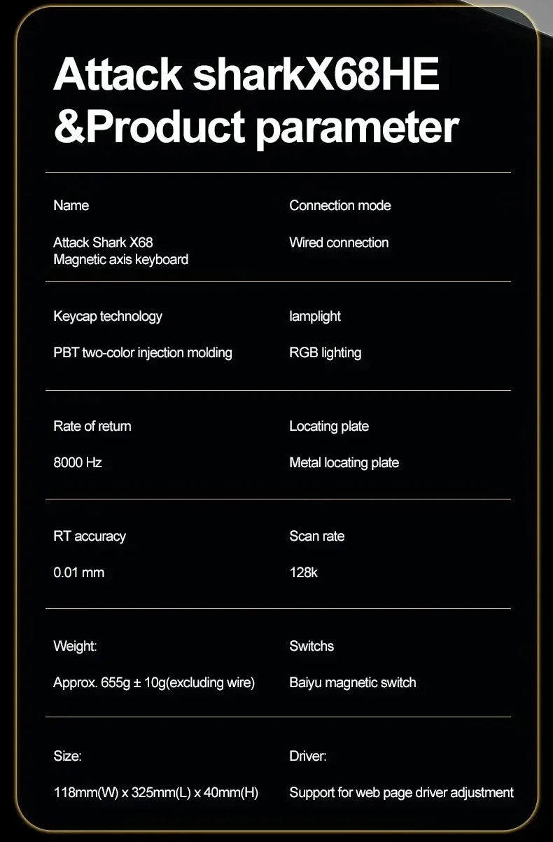 Attack Shark X68 HE Gaming Keyboard - Magnetic Mechanical, 0.01ms Rapid Trigger, 8000Hz Polling, Wired, 128K Ultra-Long Life