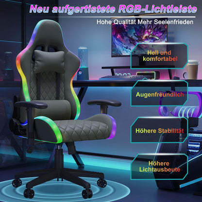 LED Gaming Chair - Ergonomic Office Chair with Massage Function, Adjustable Backrest (90-135°), for Gamers up to 150 kg, Black