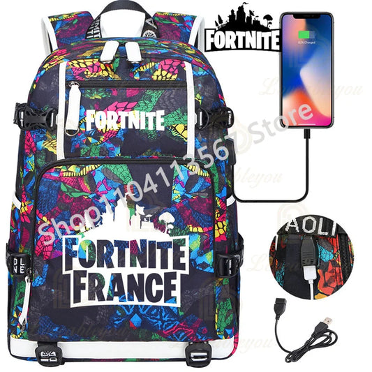 Yule Trooper F-Fortnited Battle Royale Backpack with USB Charging Anime Figures Study Stationery Compartment Students Mochila
