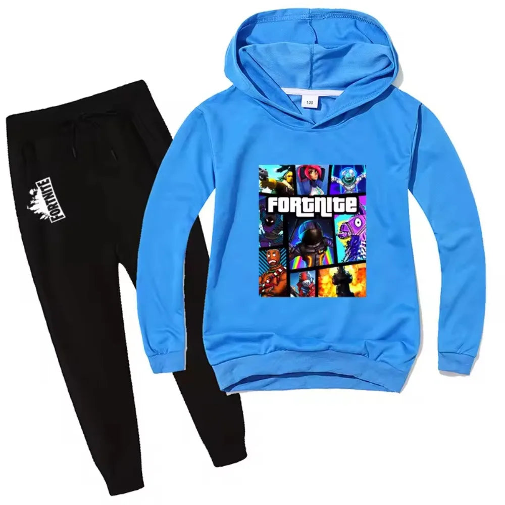 Fortnite-Game-Print-Kinderset, Hoodie im Cartoon-Stil, bequemer 2-teiliger Anzug mit lockerem Langarm-Oberteil und Hose, Herbst-/Winterkleidung