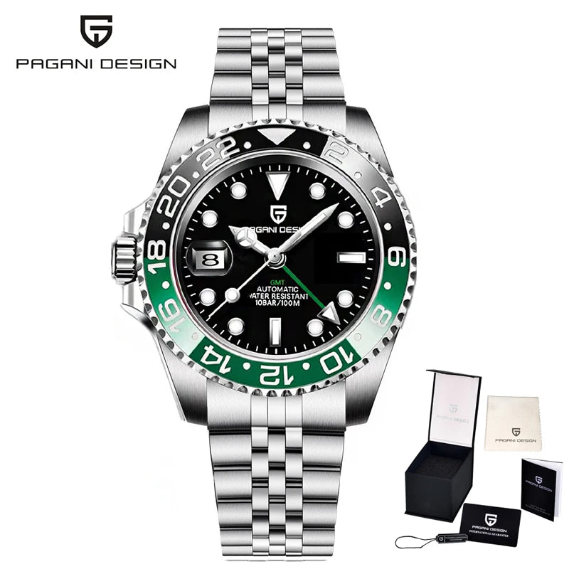 Montre mécanique pour homme Pagani Design GMT – Modèle de luxe avec verre saphir, boîtier en acier inoxydable et lunette en céramique – Montre automatique pour homme, style professionnel