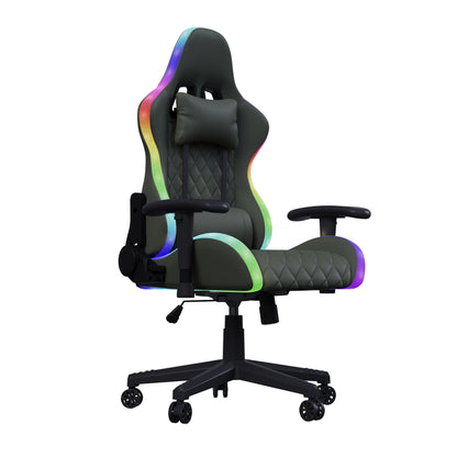 Rosahqnda LED gaming chair with ergonomically adjustable backrest, PU leather office chair, lumbar support cushion & pillow